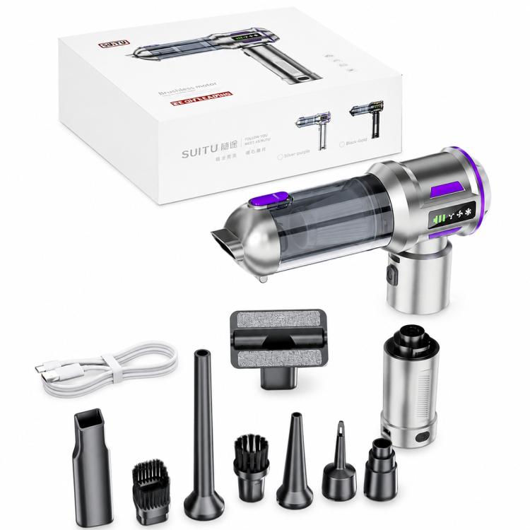 Handheld car vacuum kit with silver body, purple accents, and assorted cleaning attachments in box