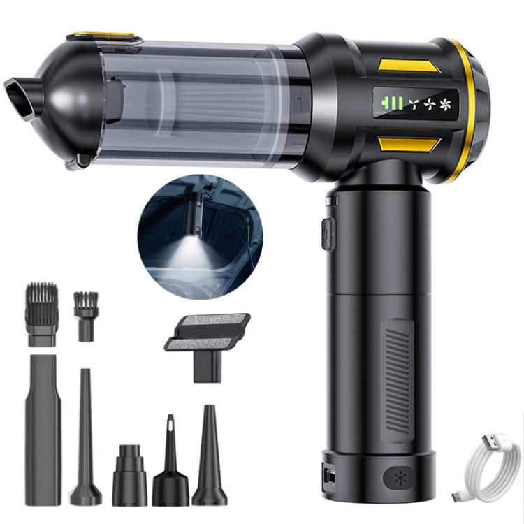 Handheld car vacuum with dark gray nozzle, silver body, and purple control panel, plus attachments