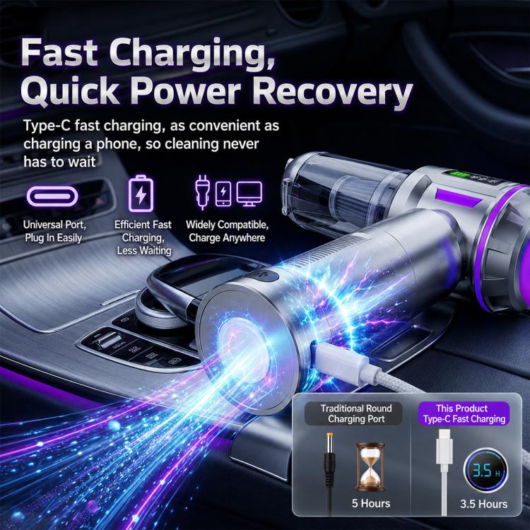 Handheld vacuum cleaner with flat nozzle and clear cylindrical dust chamber, silver and purple