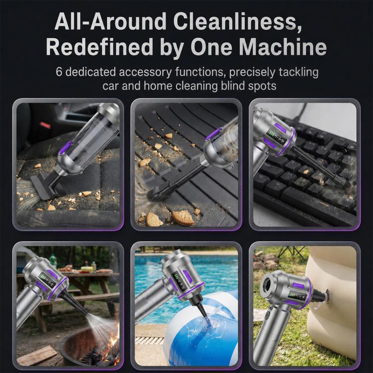 Handheld vacuum cleaner with multiple nozzles and attachments, silver body with purple highlights