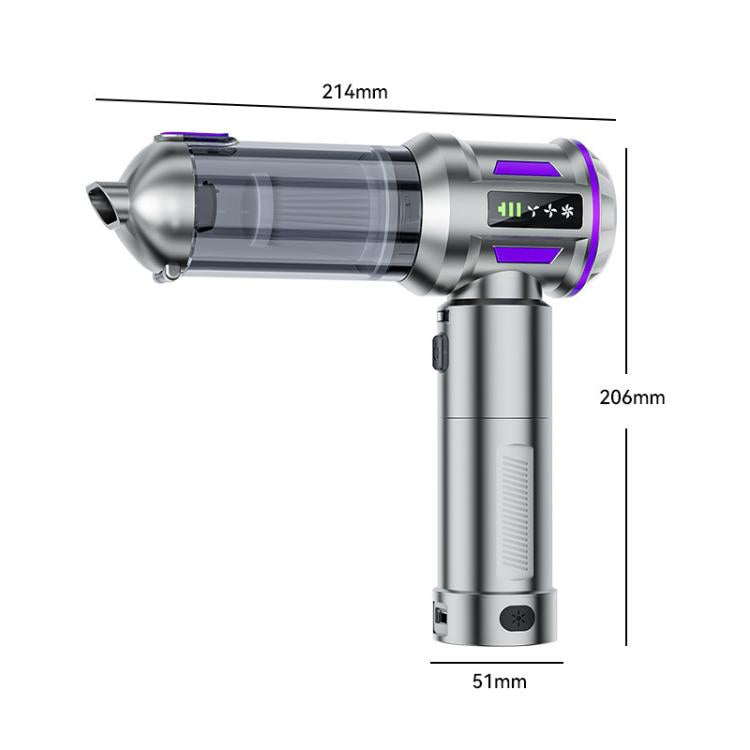 Handheld car vacuum cleaner size diagram, silver body with purple accent stripe