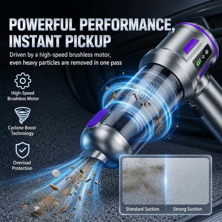 Handheld vacuum cleaner with silver body and purple accents, showing suction power graphic