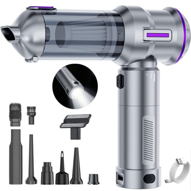Silver and purple handheld car vacuum with suction nozzle and included brush attachments
