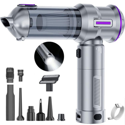 Silver and purple handheld car vacuum with suction nozzle and included brush attachments
