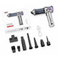 Handheld car vacuum kit with retail box and multiple nozzle attachments, silver with purple accents