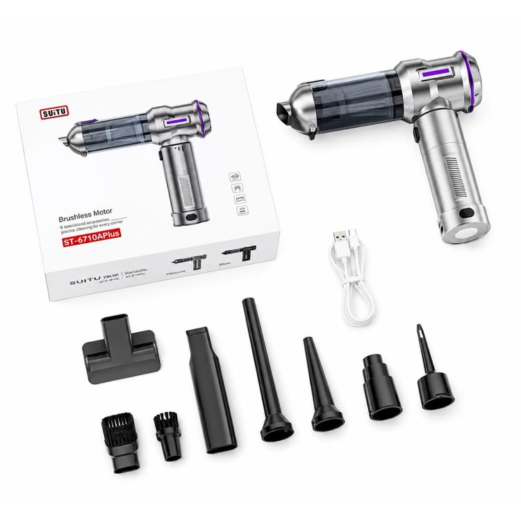 Handheld car vacuum kit with retail box and multiple nozzle attachments, silver with purple accents