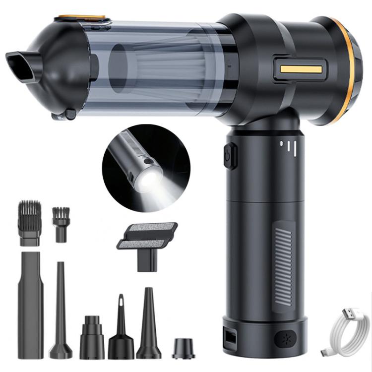 Black handheld car vacuum with orange-yellow power bar and included brush attachments