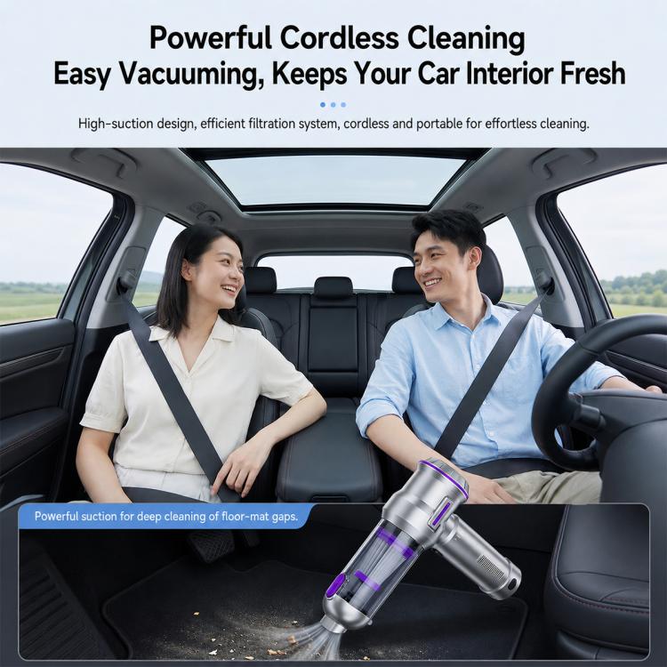 Handheld car vacuum used inside a vehicle, with purple-accented nozzle