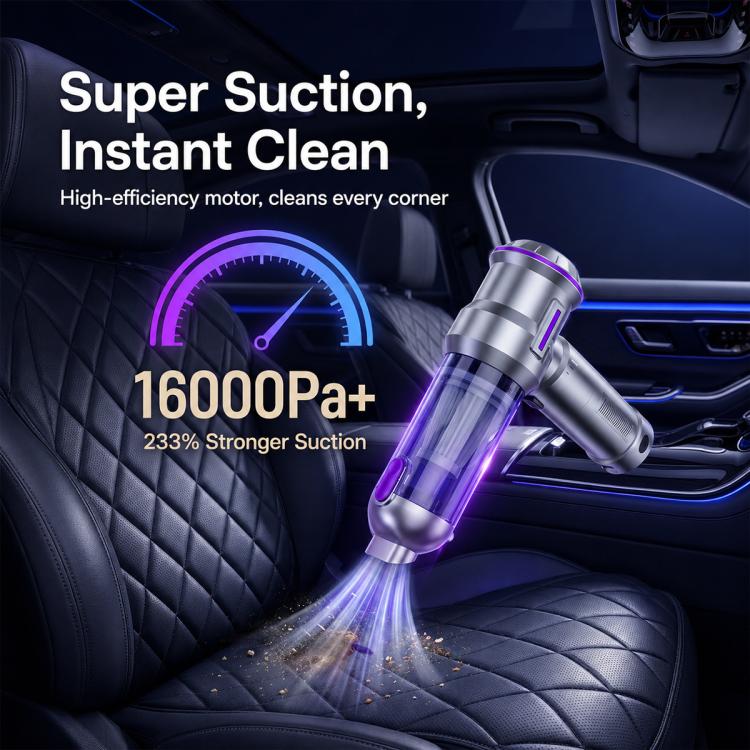 Handheld vacuum nozzle with purple-lit suction indicator cleaning car seat upholstery