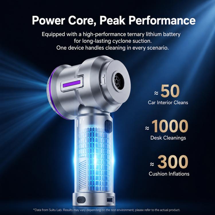 Silver handheld vacuum with transparent barrel and purple indicator ring