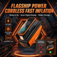 Orange-and-black cordless tire inflator pump with glowing digital display and compact body