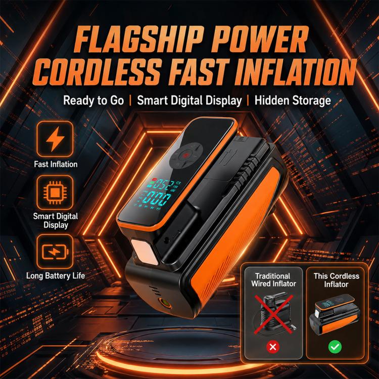 Orange-and-black cordless tire inflator pump with glowing digital display and compact body