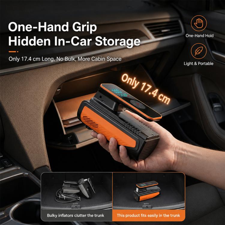 Orange-and-black tire inflator pump held in one hand, with dual digital screen