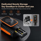 Orange-and-black air inflator pump with pull-out nozzle storage and accessories