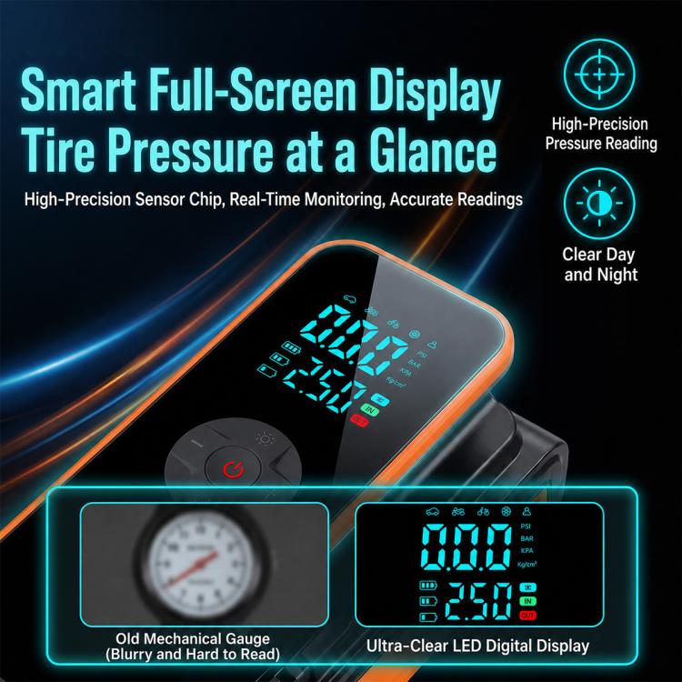 Orange-and-black tire inflator pump with full-screen LED pressure display