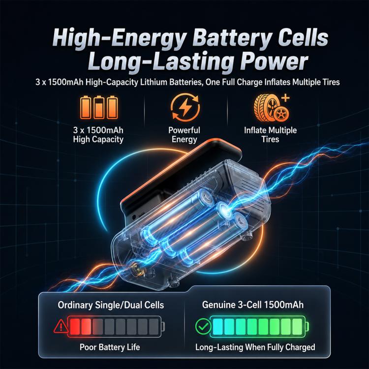 Orange-and-black cordless inflator pump with internal battery pack illustration