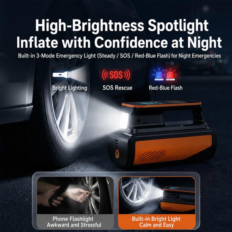 Orange-and-black tire inflator pump with built-in bright flashlight light beam