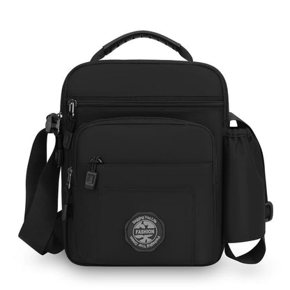 Black men's crossbody bag with zip front pocket and adjustable shoulder strap