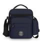 Navy blue men's crossbody bag with zip front pocket and adjustable shoulder strap