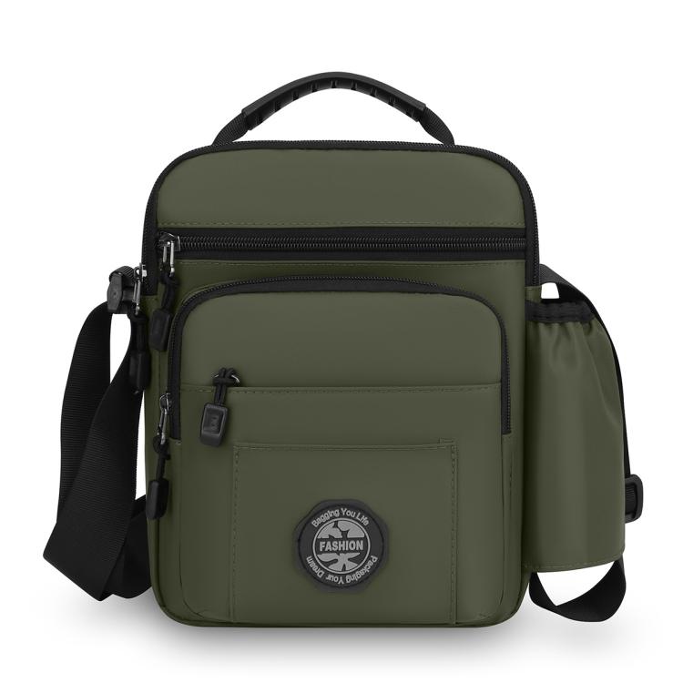 Olive green men's crossbody bag with zip front pocket and adjustable shoulder strap