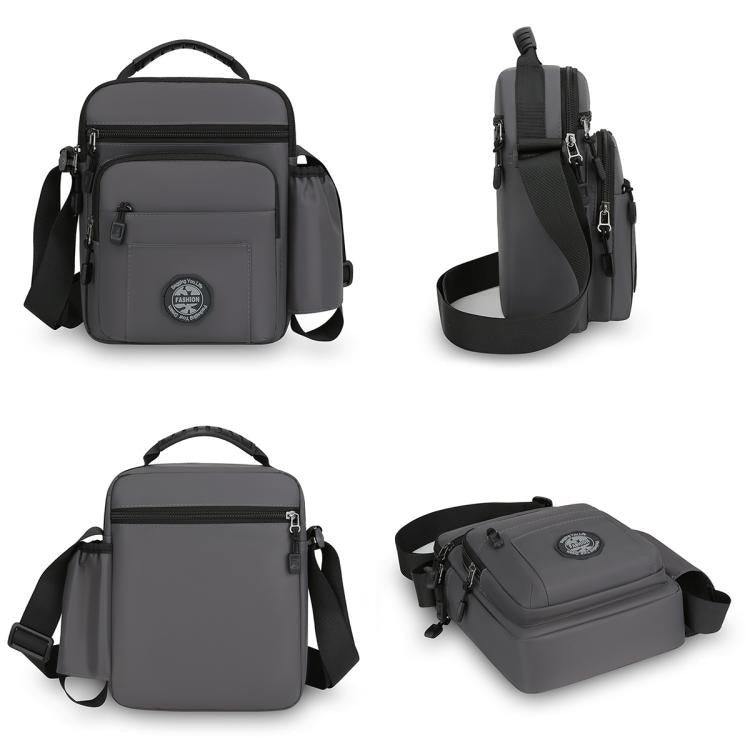 Gray men's crossbody bag shown from multiple angles with adjustable strap