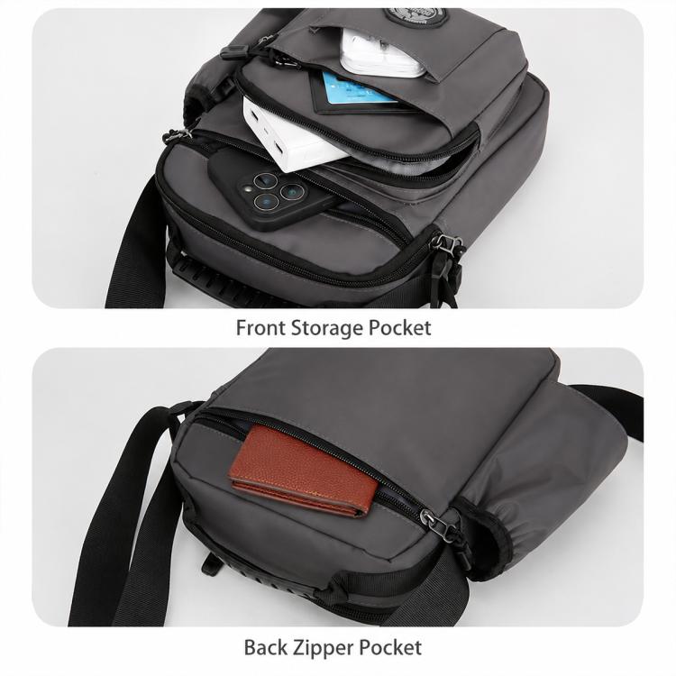 Black crossbody bag showing front storage pocket and back zipper pocket