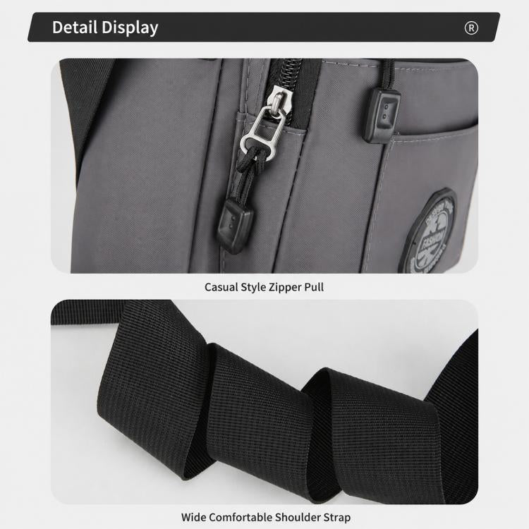Crossbody bag close-up of zipper pull and wide comfortable shoulder strap