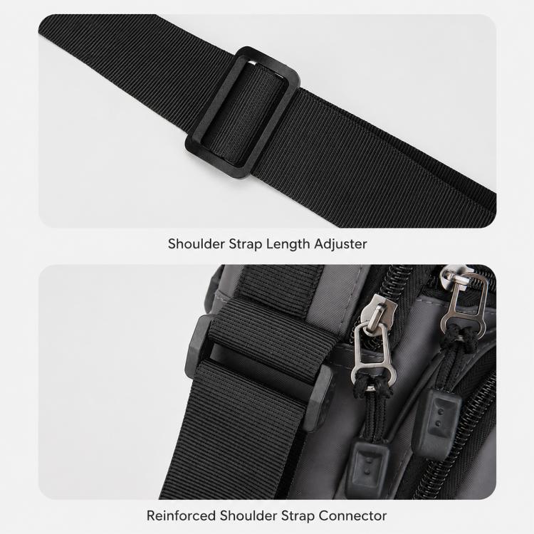 Crossbody bag close-up of adjustable strap length and reinforced shoulder connector