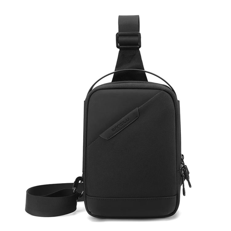 Men's black crossbody sling bag with front pocket, zipper closure, and adjustable strap