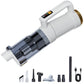 White cordless vacuum with transparent dustbin window and floor nozzle, plus attachments