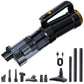 Black cordless stick vacuum cleaner with extension tubes and assorted cleaning nozzles