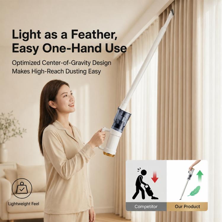 White cordless stick vacuum cleaner for high-reach dusting with extension wand