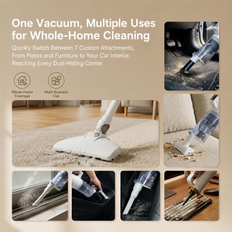 Cordless vacuum with multiple cleaning attachments and nozzle for floors and corners