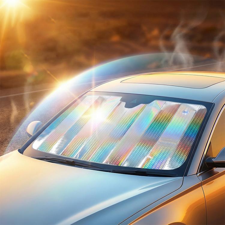 Car windshield sunshade with iridescent reflective hologram panel on front glass