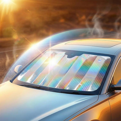 Car windshield sunshade with iridescent reflective hologram panel on front glass