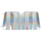 Reflective car windshield sunshade with rainbow iridescent foil and curved V shape