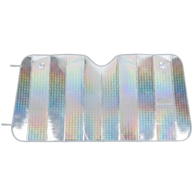Reflective car windshield sunshade with rainbow iridescent foil and curved V shape