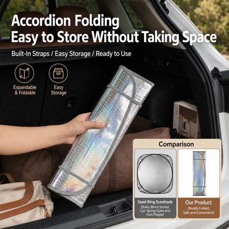 Accordion-fold car windshield sunshade with reflective hologram panel and carrying strap