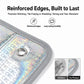 Reinforced-edge car windshield sunshade with stitched gray border and metal grommet