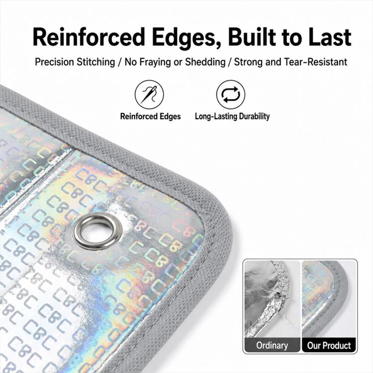 Reinforced-edge car windshield sunshade with stitched gray border and metal grommet