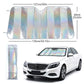 Car windshield sunshade with iridescent reflective surface and V cutout shape
