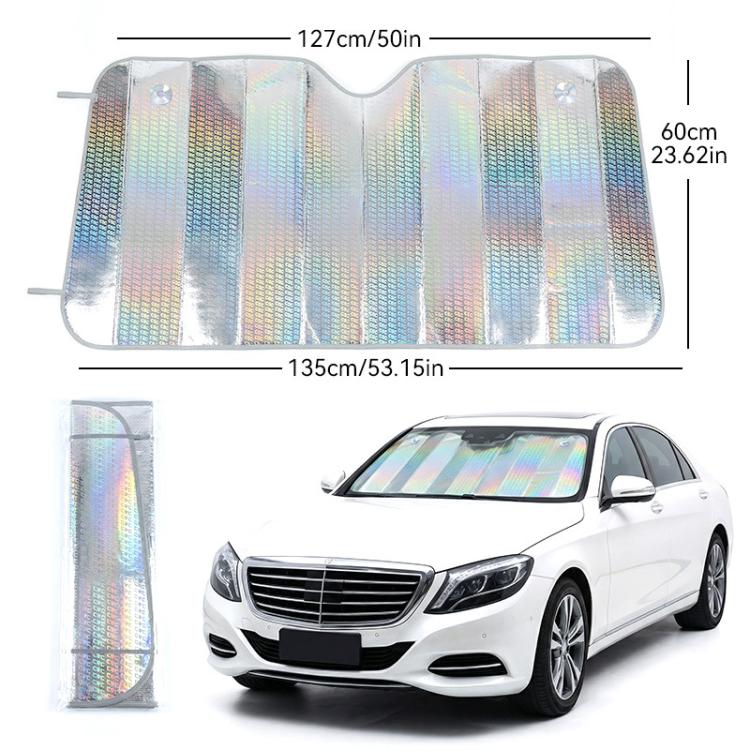 Car windshield sunshade with iridescent reflective surface and V cutout shape