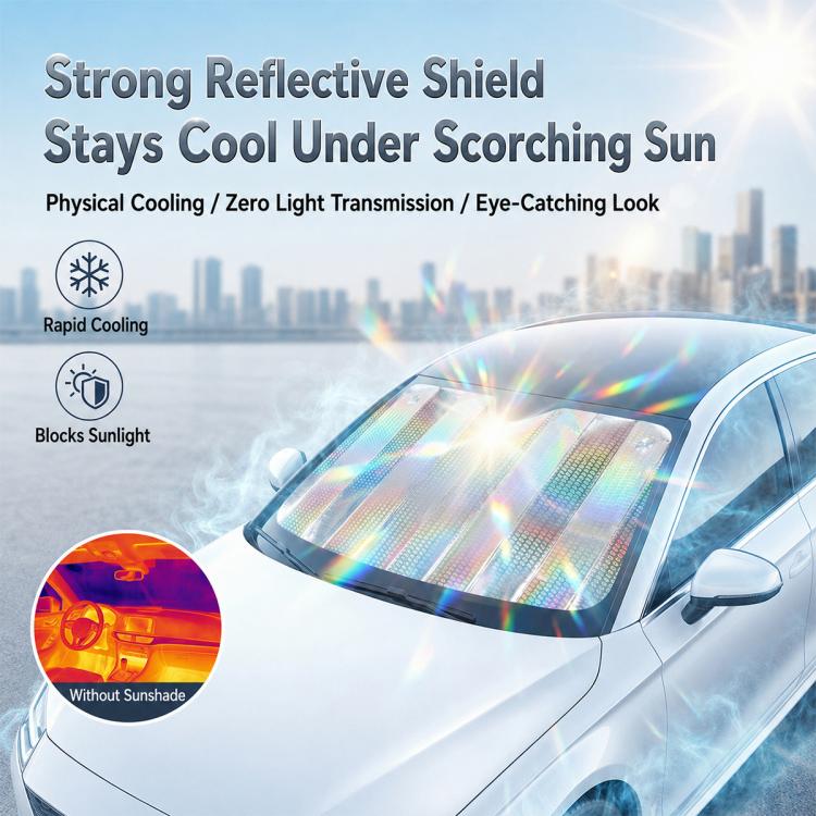 Car windshield sunshade with holographic reflective shield fitted on front glass