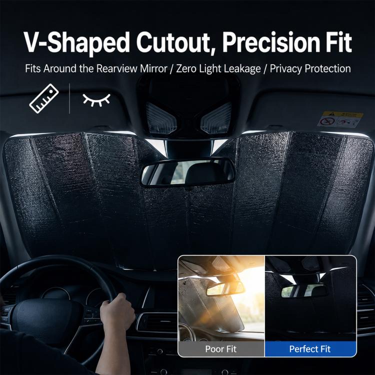 V-shaped windshield sunshade edge detail with iridescent reflective surface