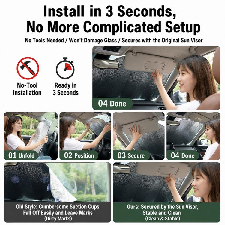Car windshield sunshade installed on front glass, iridescent reflective panel