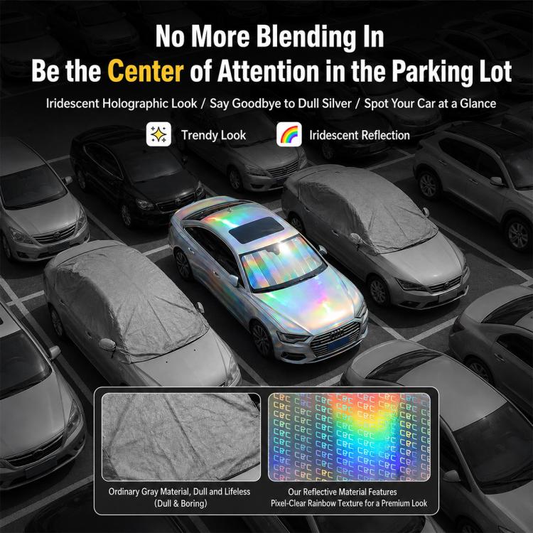 Iridescent reflective windshield sunshade centered on the car’s front glass