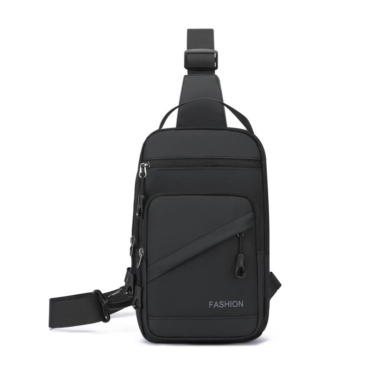 Black crossbody chest bag with front zipper pocket and adjustable shoulder strap