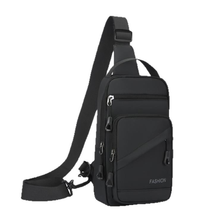 Black crossbody chest bag with long shoulder strap and front zipper compartments