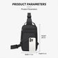 Black crossbody chest bag with front zipper pocket and hanging strap tabs