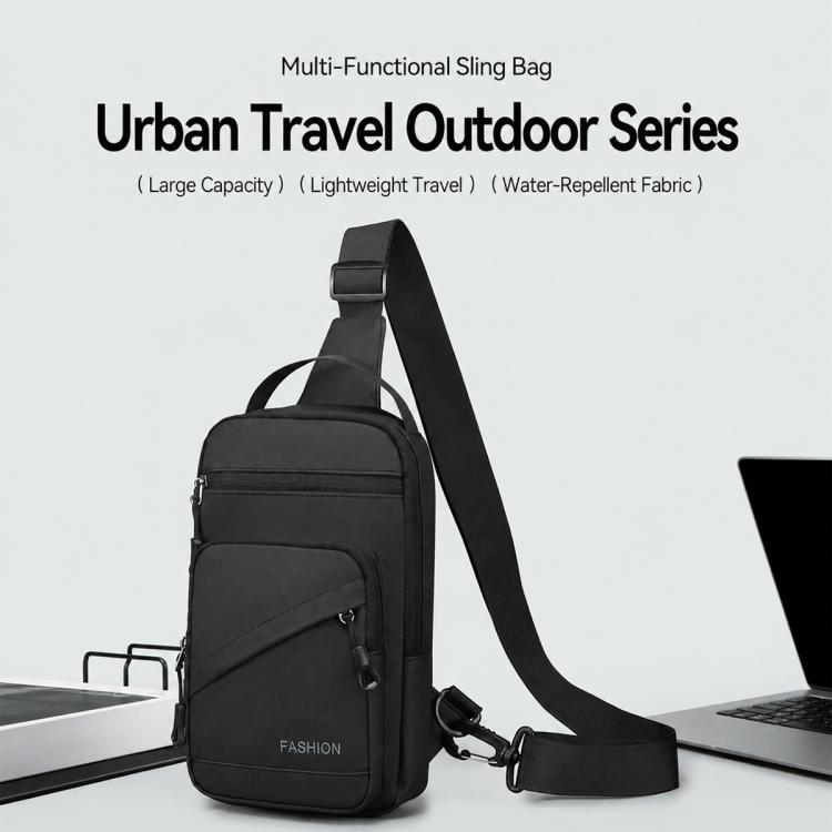 Black crossbody chest bag with front zip pocket and adjustable shoulder strap